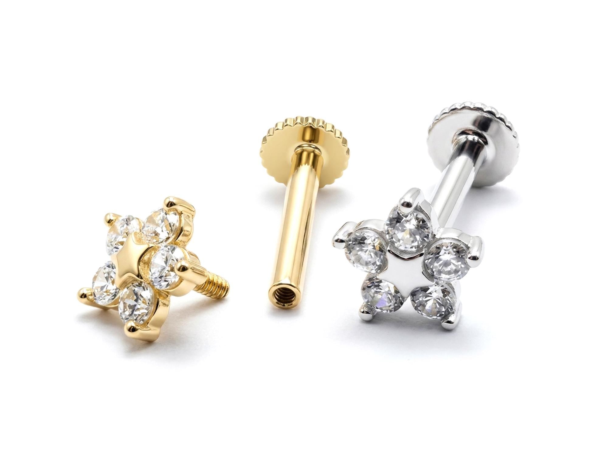 14K Gold Flower Tragus Ear Piercing, 16G Labret Lip Jewellery with Gemstones