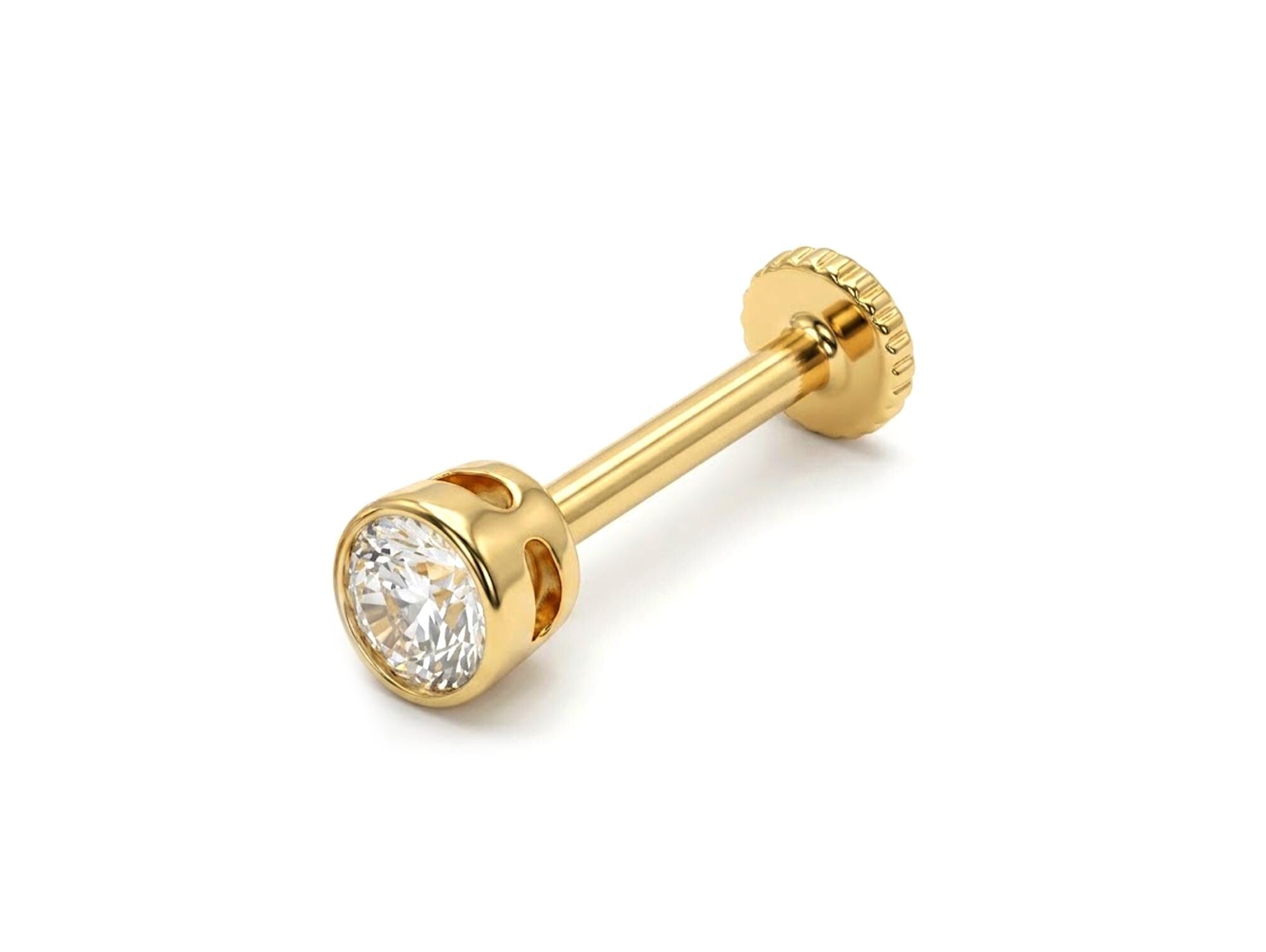 Round Tragus Earring 16G Labret Jewellery with clear gemstones - 14K Gold Piercing
