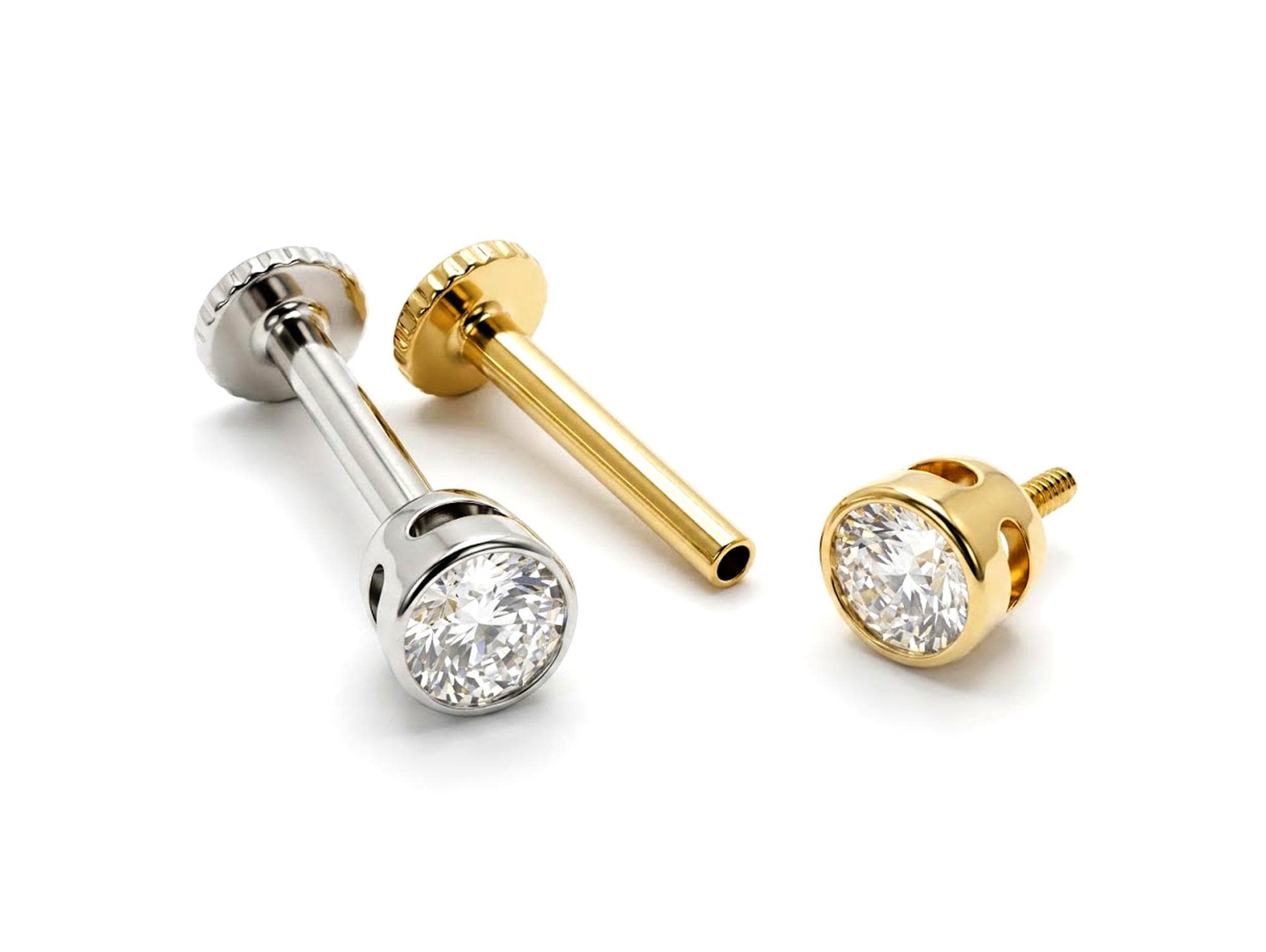 Round Tragus Earring 16G Labret Jewellery with clear gemstones - 14K Gold Piercing
