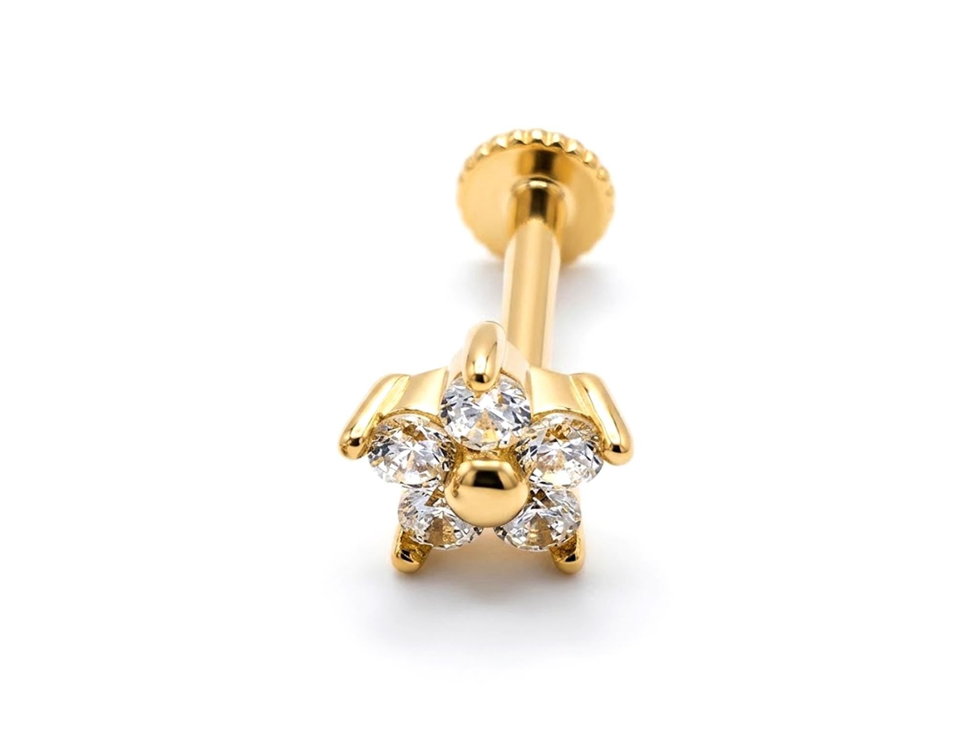 Tragus Flower Earring 16G Labret Jewellery with 5 petals gemstone - 14K Gold Piercing