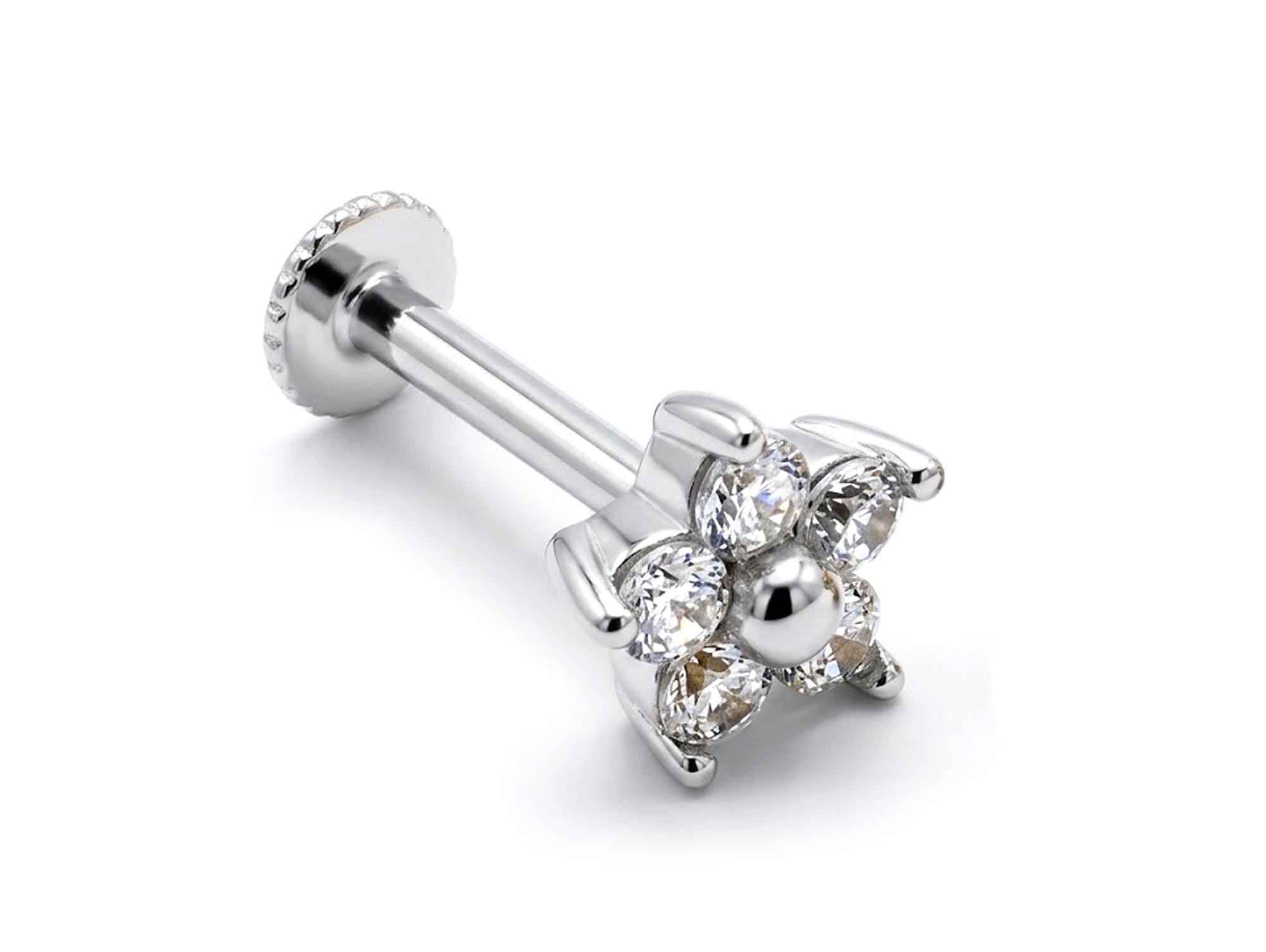 Tragus Flower Earring 16G Labret Jewellery with 5 petals gemstone - 14K Gold Piercing