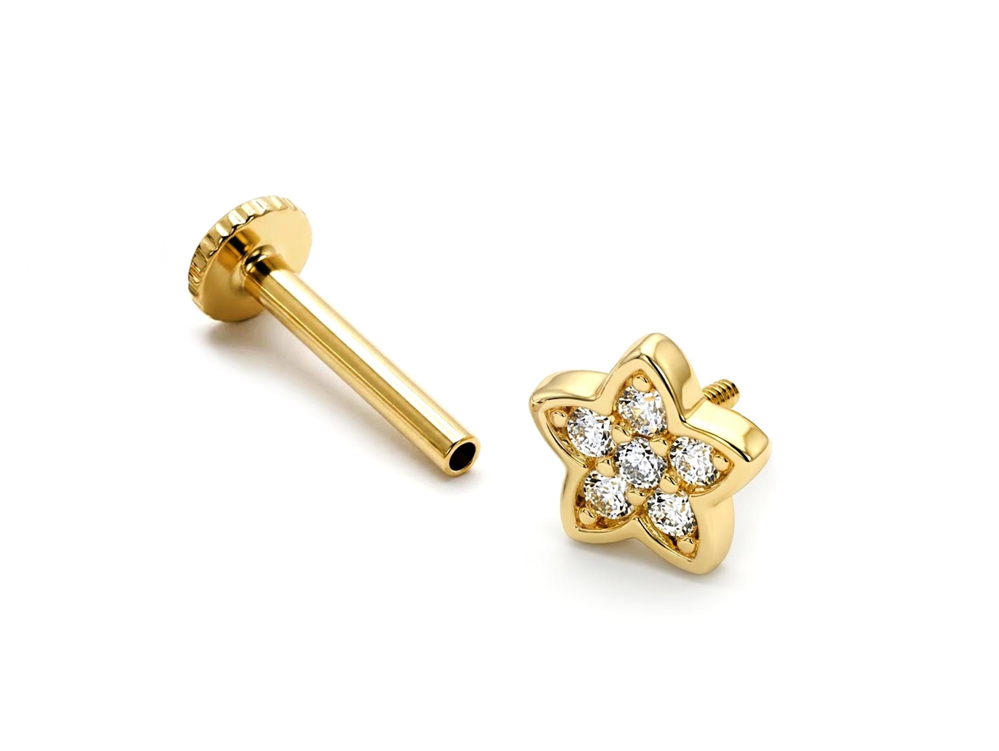 14K Gold Piercing Star shape Tragus Earring 16G Labret Jewellery with clear gemstone