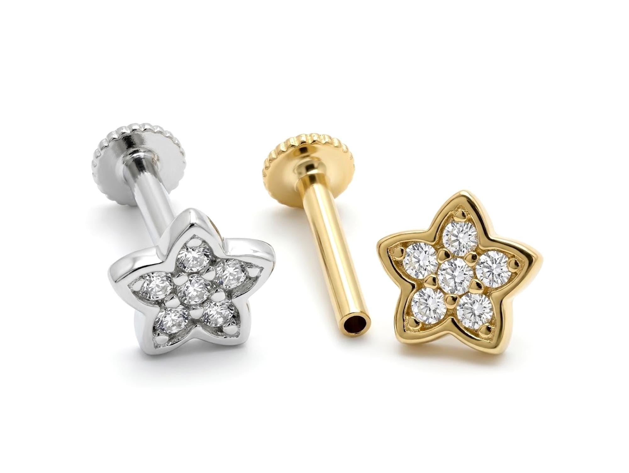14K Gold Piercing Star shape Tragus Earring 16G Labret Jewellery with clear gemstone