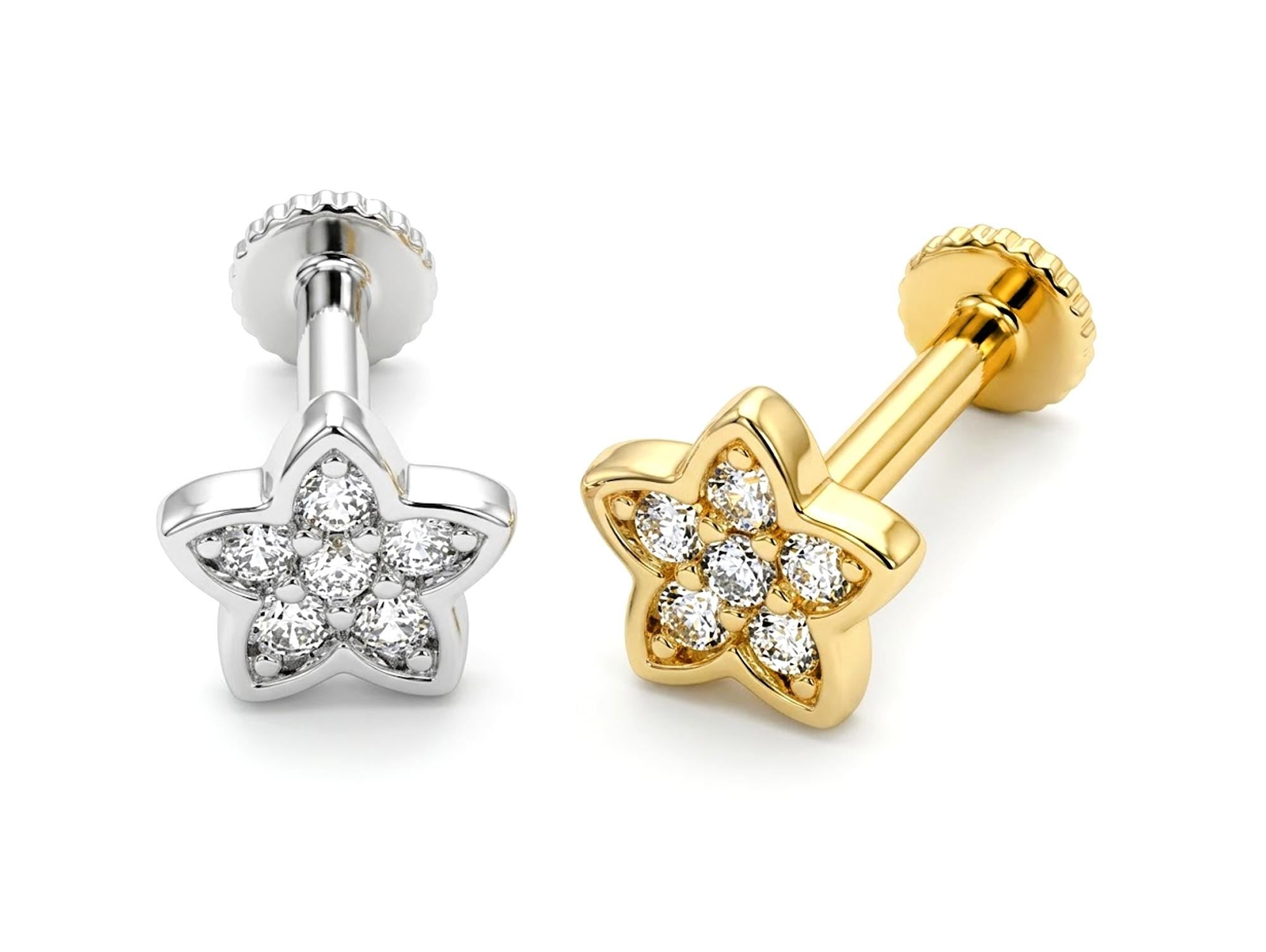14K Gold Piercing Star shape Tragus Earring 16G Labret Jewellery with clear gemstone