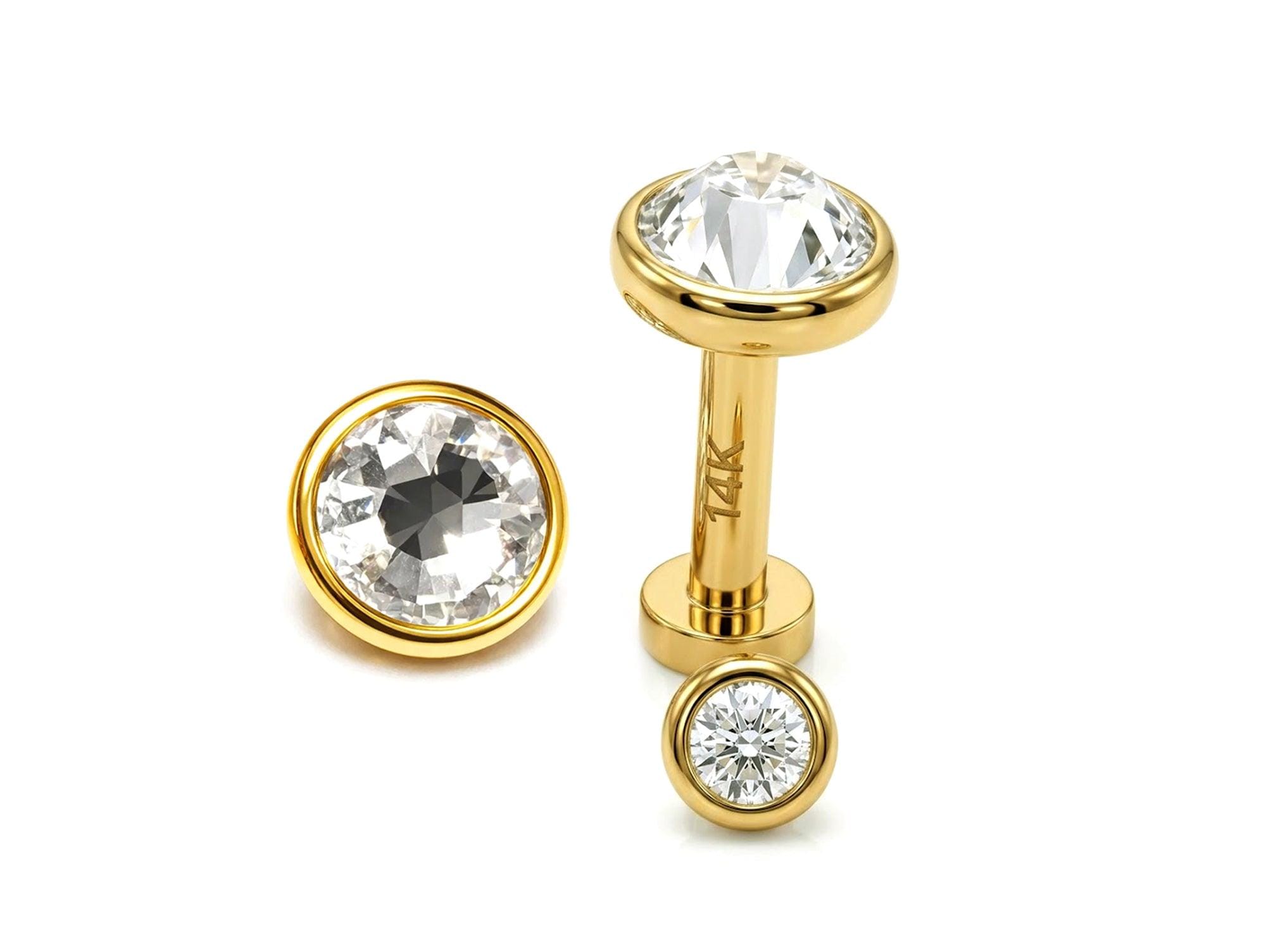 14K Gold Lip Labret Piercing, Tragus Jewellery: 14G 16G with Flat Gem Crystal