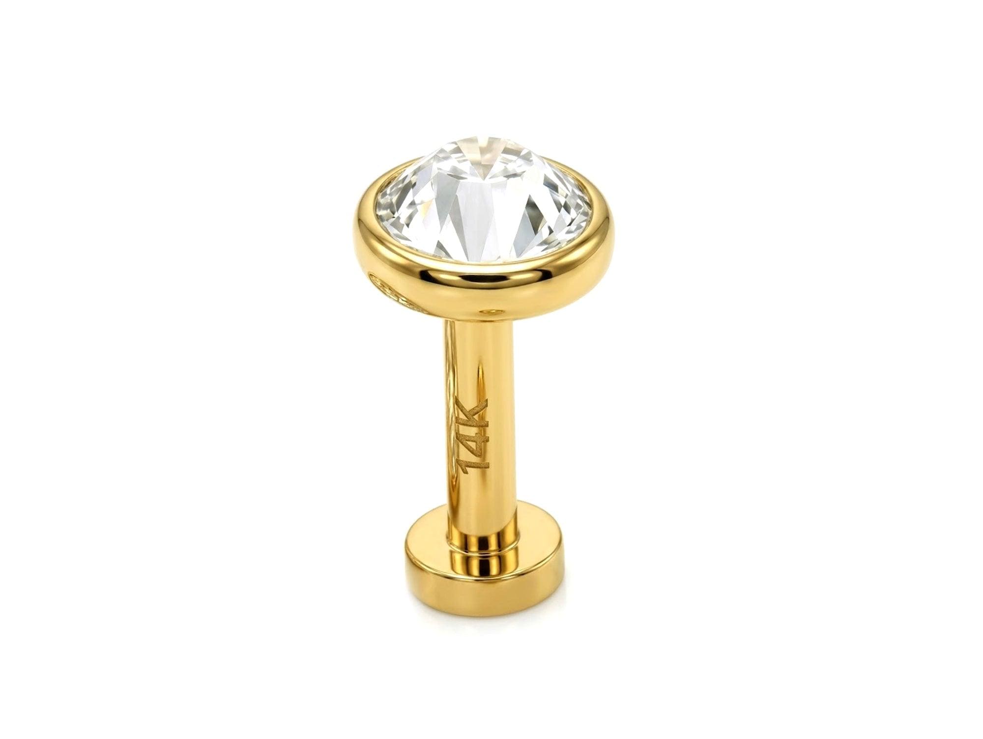 14K Gold Lip Labret Piercing, Tragus Jewellery: 14G 16G with Flat Gem Crystal