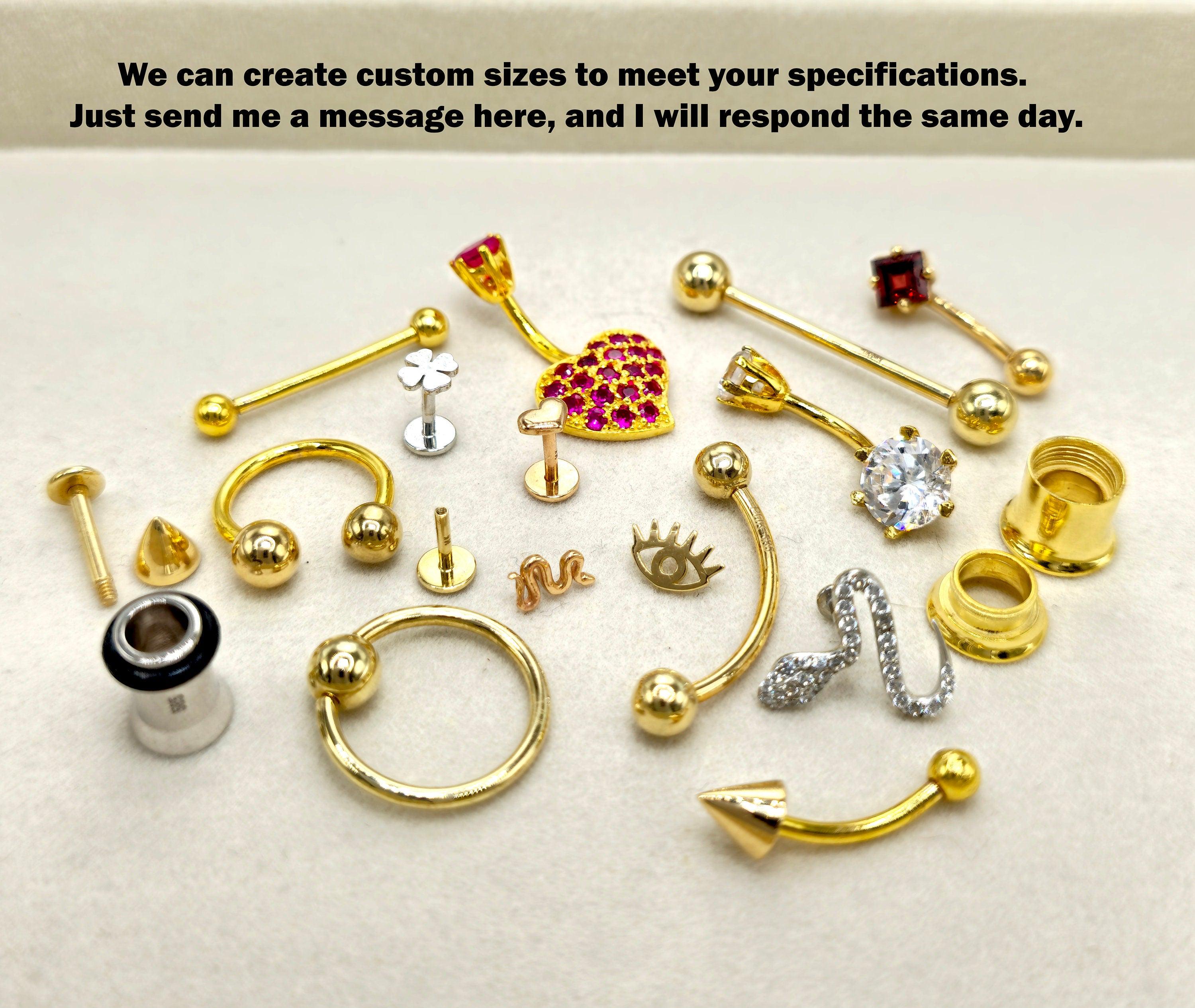 14K Gold Lip Labret Piercing, Tragus Jewellery: 14G 16G with Flat Gem Crystal