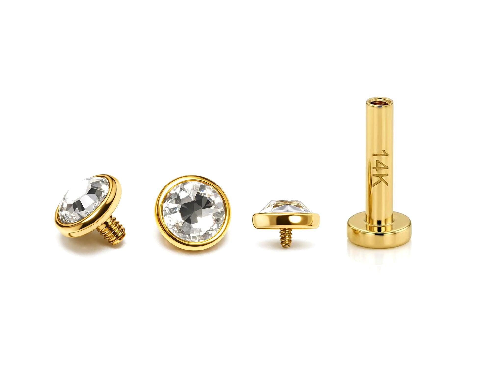 14K Gold Lip Labret Piercing, Tragus Jewellery: 14G 16G with Flat Gem Crystal