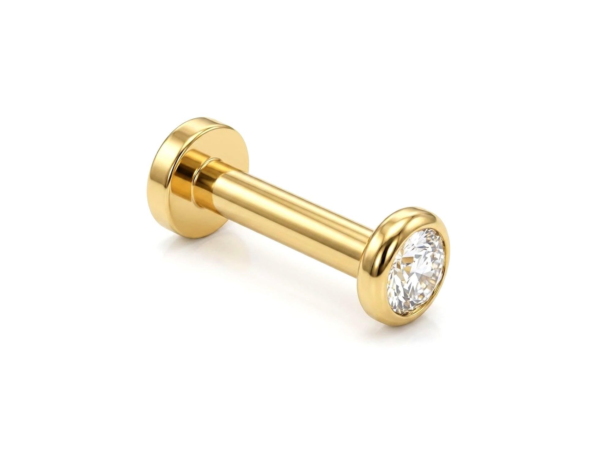 14K Gold Lip Labret Piercing, Tragus Jewellery: 14G 16G with Flat Gem Crystal