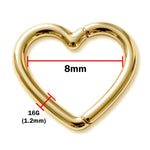 14K Gold Heart Clicker Hoop Rook Ring, Septum, Daith, Helix Piercing - 16G size 8mm