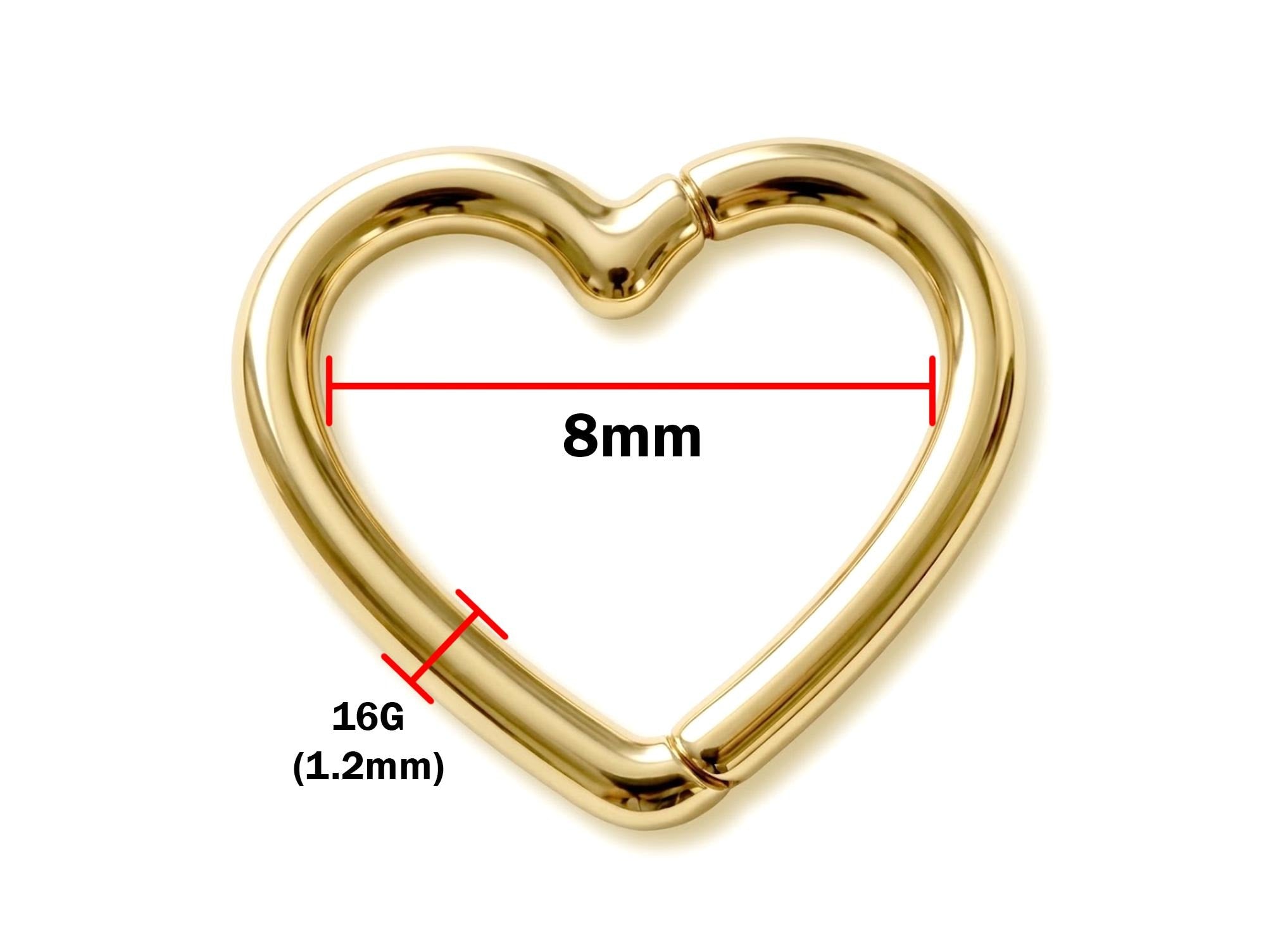 14K Gold Heart Clicker Hoop Rook Ring, Septum, Daith, Helix Piercing - 16G size 8mm