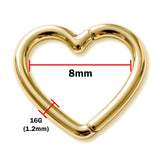 14K Gold Heart Clicker Hoop Rook Ring, Septum, Daith, Helix Piercing - 16G size 8mm