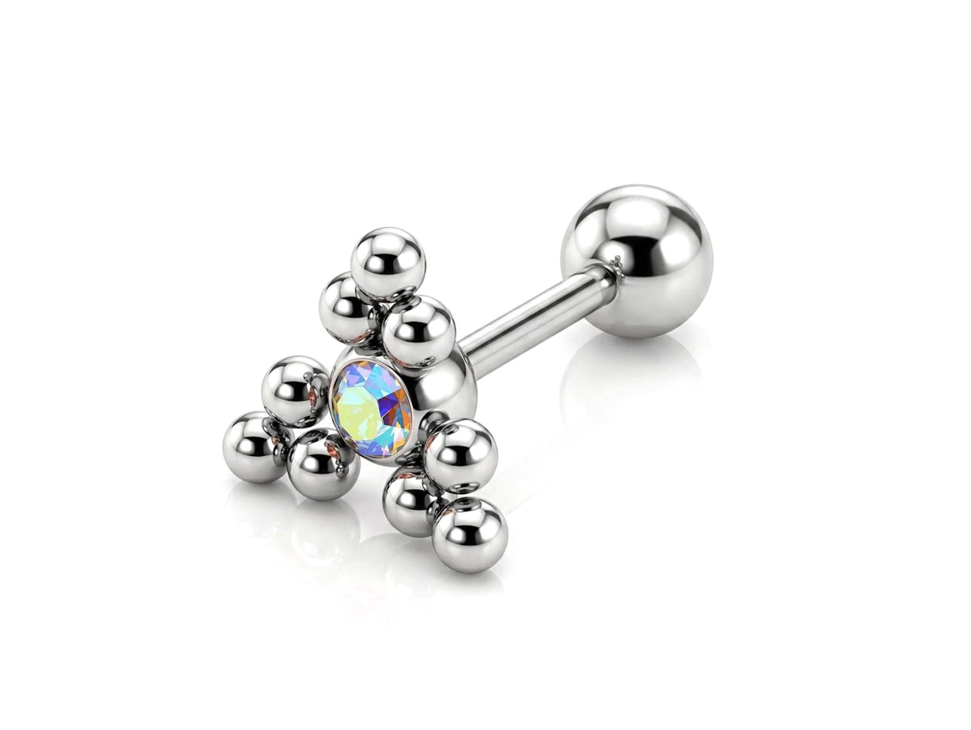 Triangular Cluster Ball Design 14G Barbell Piercing Helix Cartilage Earring with CZ Stone Crystals