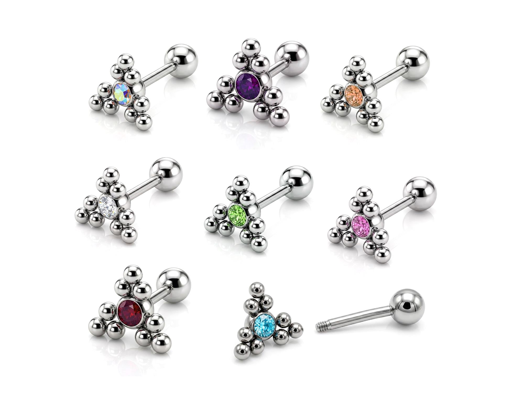 Triangular Cluster Ball Design 14G Barbell Piercing Helix Cartilage Earring with CZ Stone Crystals