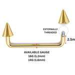 Gold Spike Staple Barbell, Surface Piercing Body Jewellery 16G 14G for Nape, Cleavage