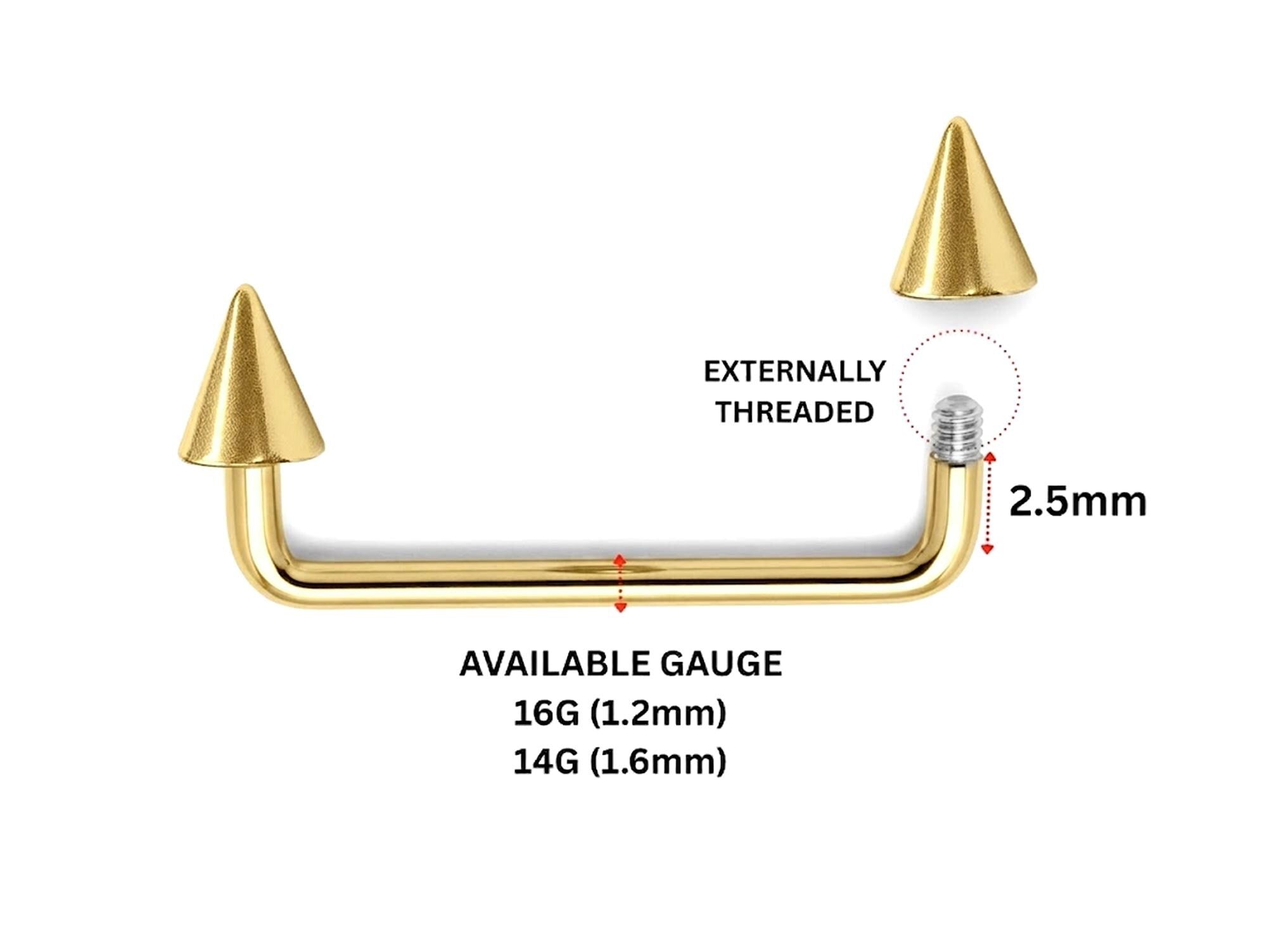 Gold Spike Staple Barbell, Surface Piercing Body Jewellery 16G 14G for Nape, Cleavage