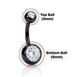 Titanium Belly Bars, Navel Piercing 14G with Cubic Zircon Clear Crystals