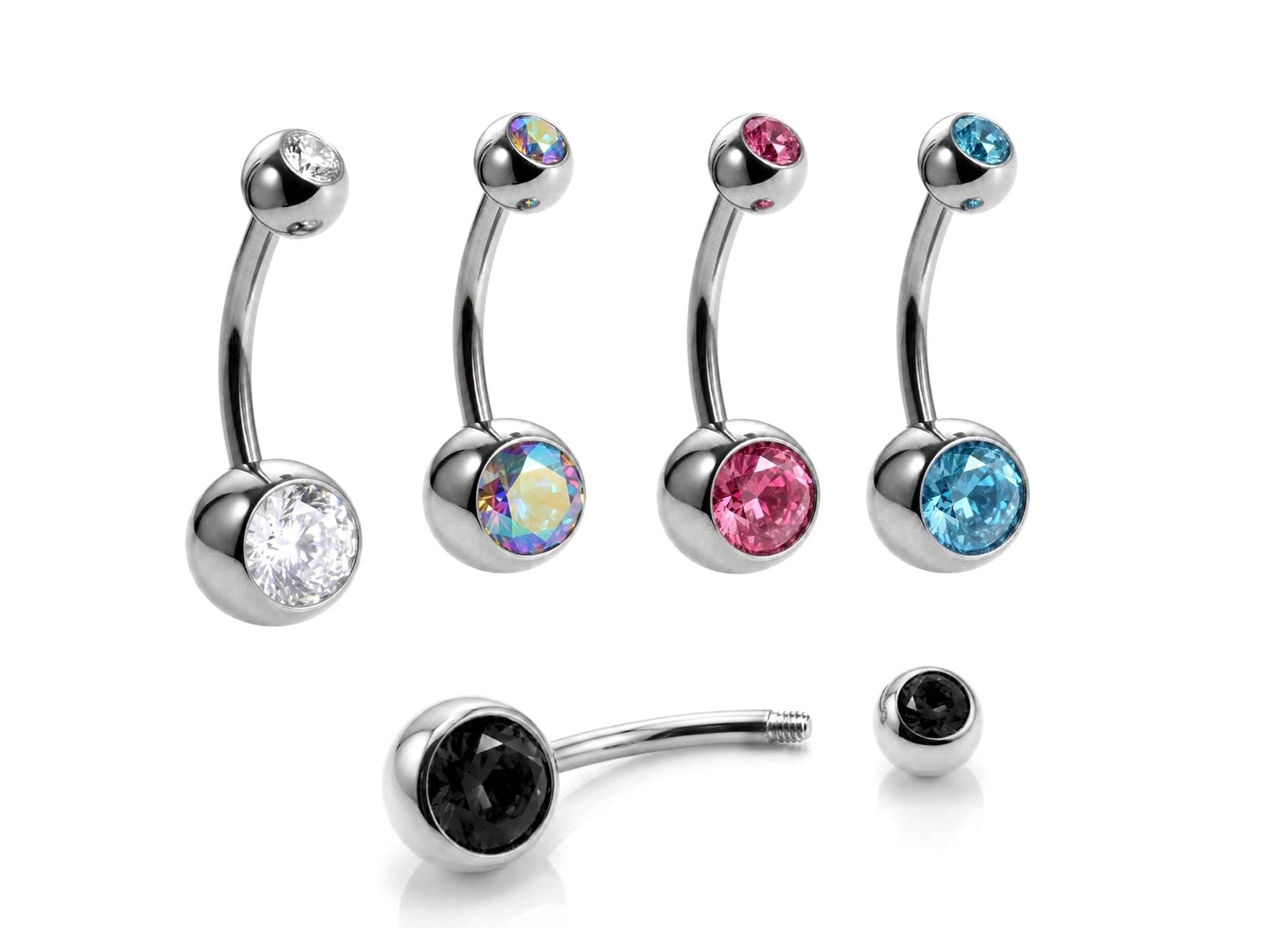 Belly Bars, Titanium Navel Piercing 14G with Cubic Zircon Clear Crystals