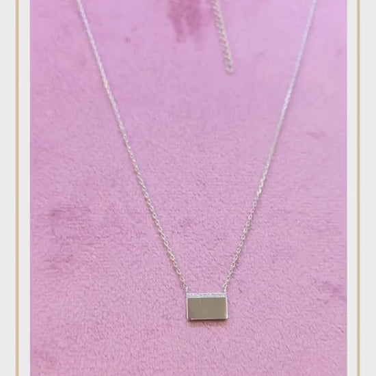 Sterling Silver Bar Pendant Personalised Engraved Chain Necklace with Crystals - Personalize it with your Message or Image - Laser Engraving