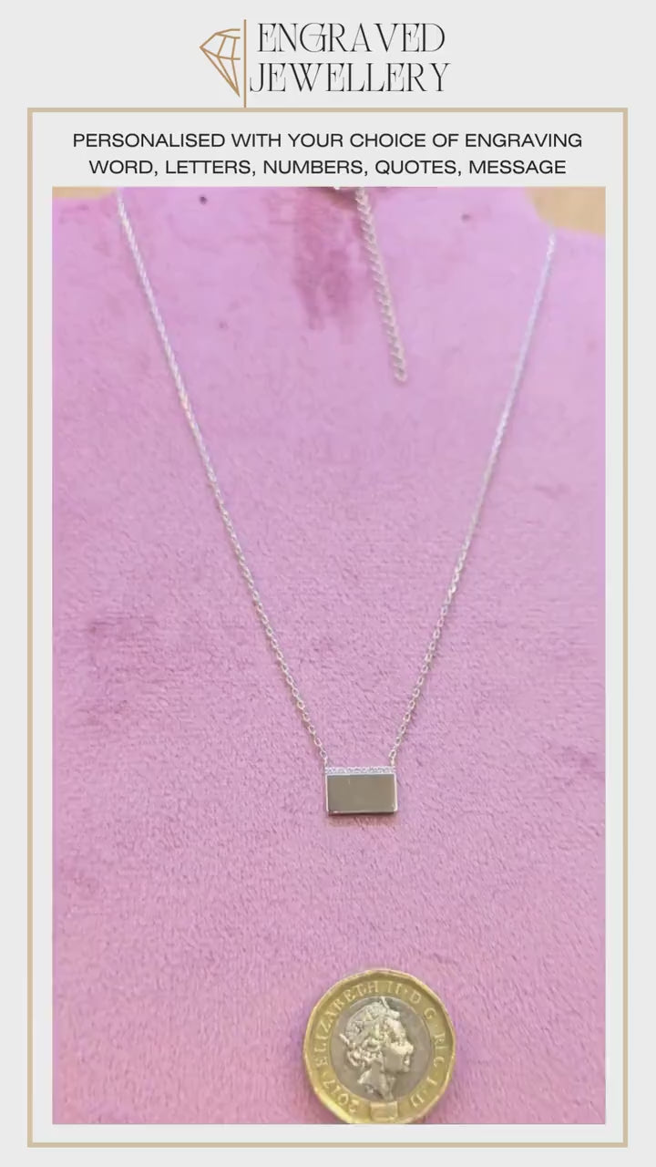 Sterling Silver Bar Pendant Personalised Engraved Chain Necklace with Crystals - Personalize it with your Message or Image - Laser Engraving