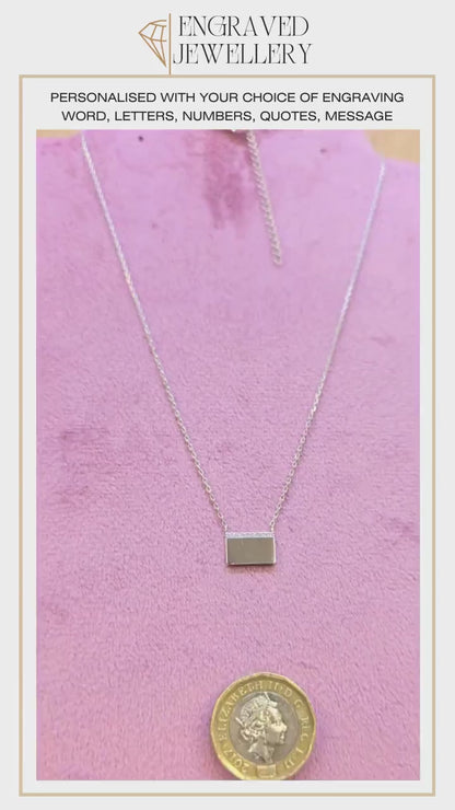 Sterling Silver Bar Pendant Personalised Engraved Chain Necklace with Crystals - Personalize it with your Message or Image - Laser Engraving