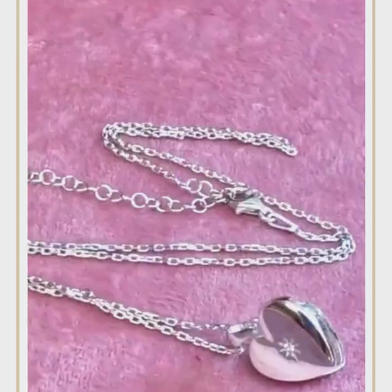 Silver Heart Locket Personalized Engraved Pendant and Necklace with Centre Crystal - Personalise it with your Special Message or Image