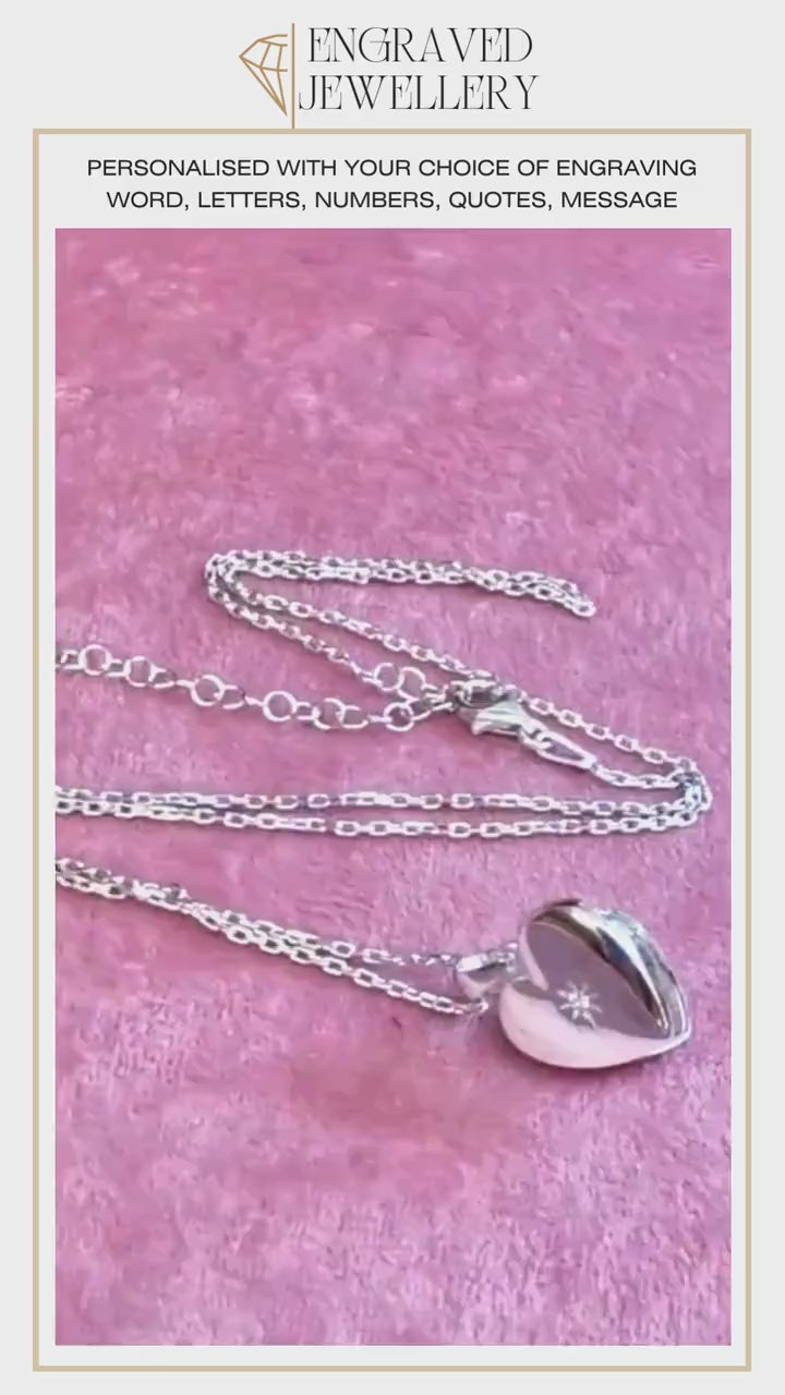 Silver Heart Locket Personalized Engraved Pendant and Necklace with Centre Crystal - Personalise it with your Special Message or Image