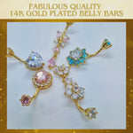 Butterfly Drop Silver Belly Ring - Gold Plated Belly Bars with CZ Crystals - Tear Drop Navel Piercing 14G length is 10mm