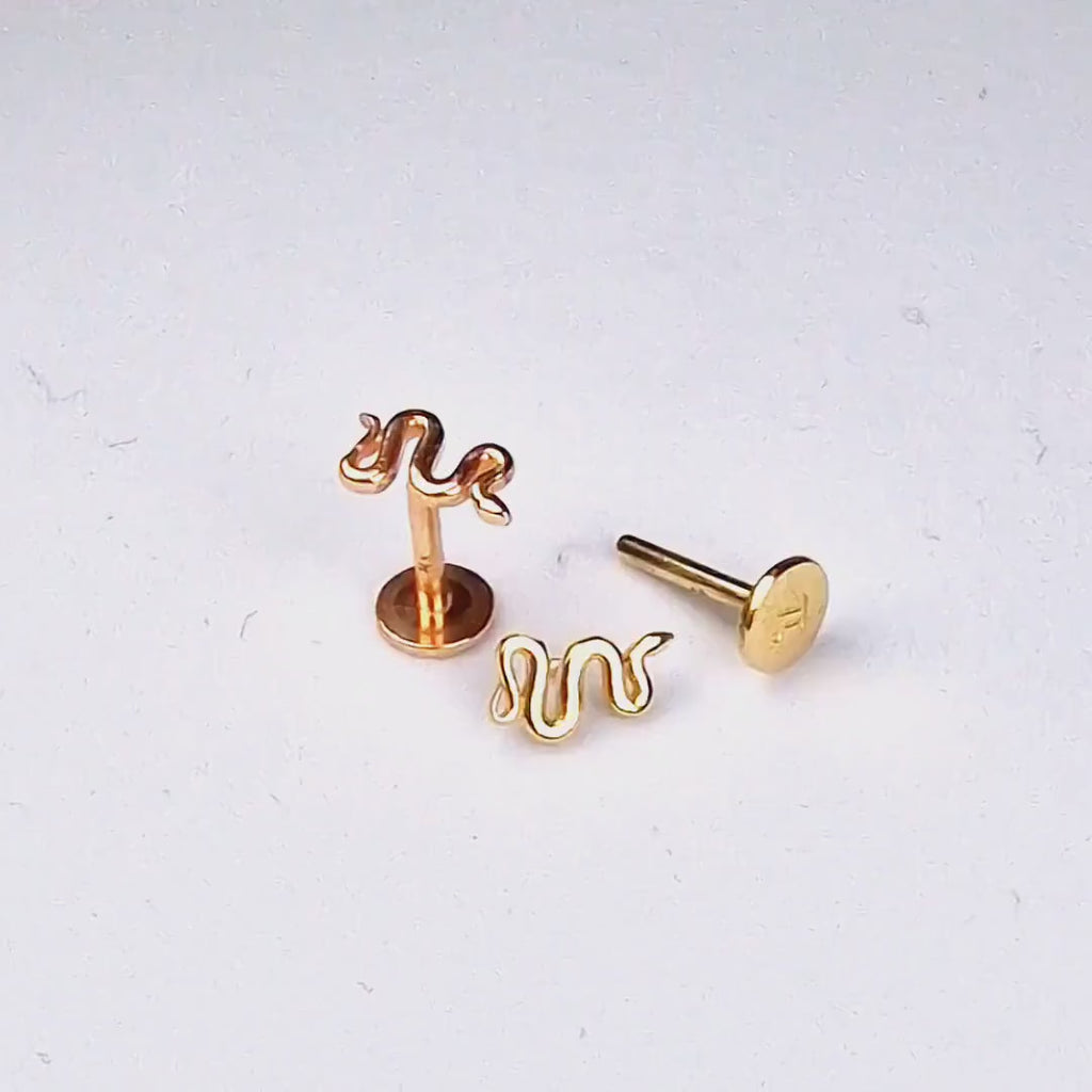 14K Rose Gold Snake Labret Stud Tragus Earrings, Cartilage Piercing  - 16G Internally Threading Body Jewellery Ear Piercing