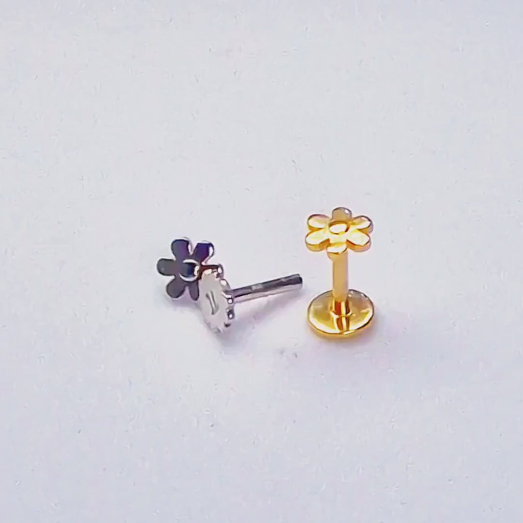 14K Gold Flower Tragus Earring, Cartilage Piercing Labret Studs- Internally Threading Body Jewellery Ear Piercing